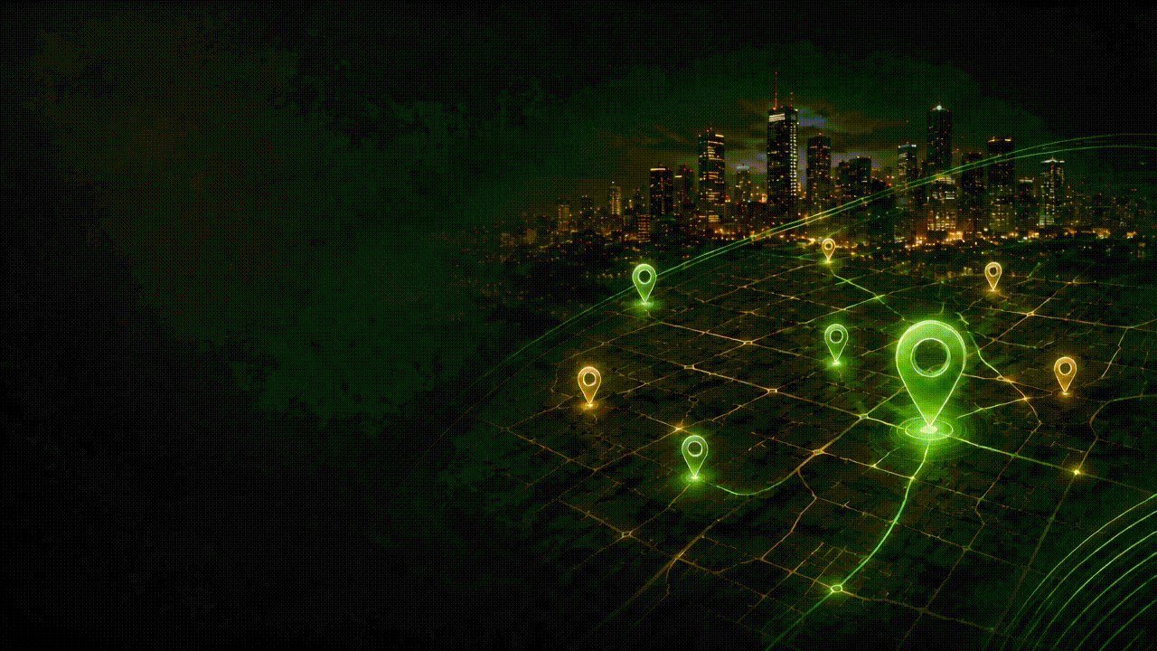 A connected city map highlighting nearby businesses